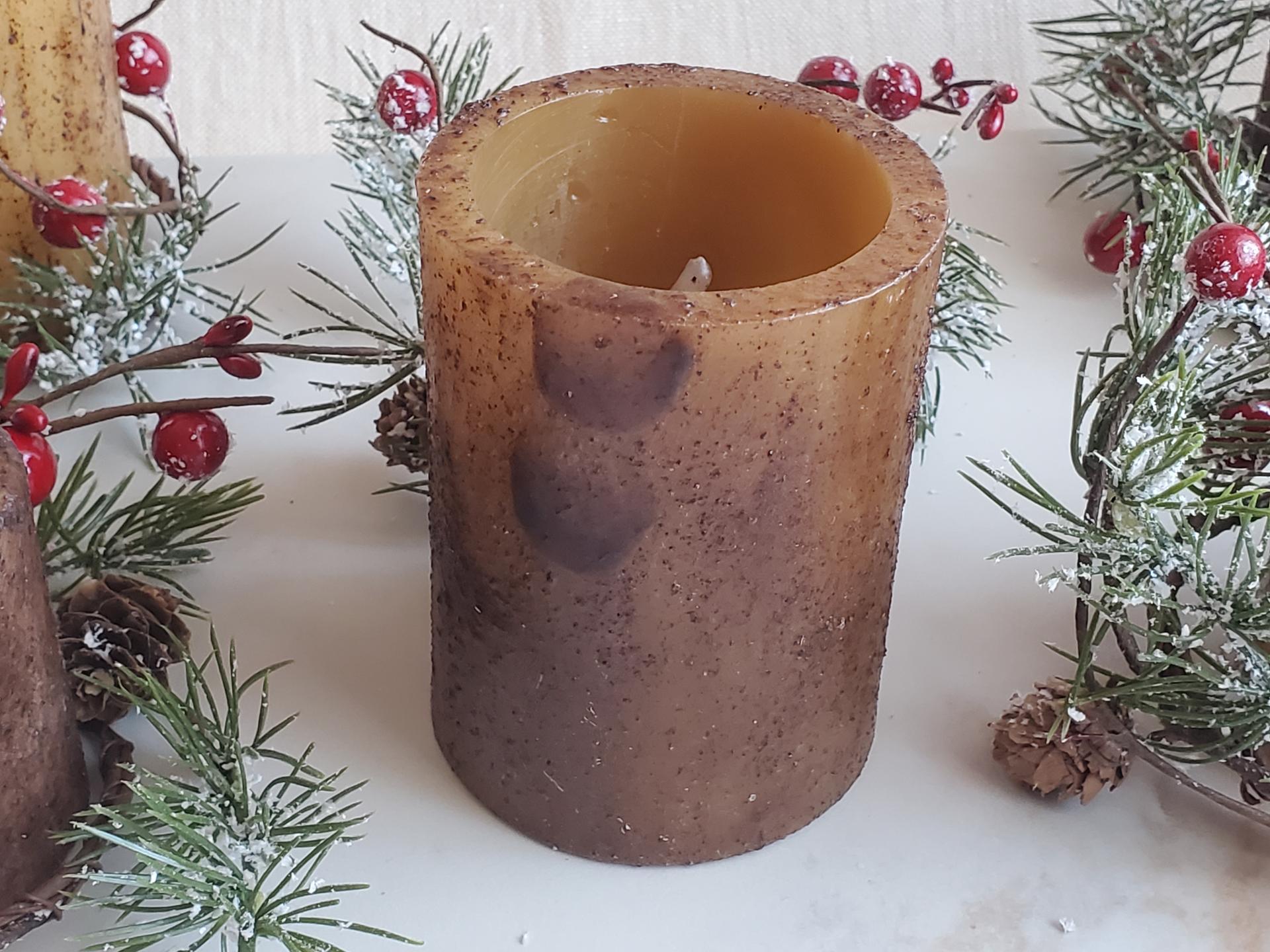 Burnt Mustard Candle with Snowy Pine & Berry Ring, Farmhouse Christmas Decor