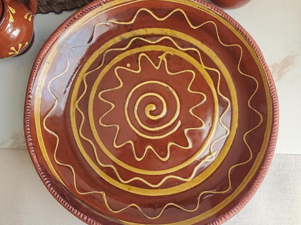 Large Redware Platter, Charger with Slip-Decorated Traditional Pattern