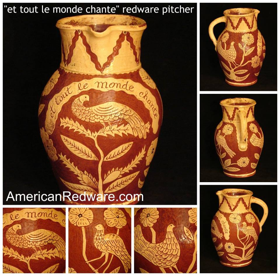 redware pitcher sgraffito decorated with birds and flowers and saying