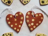 Redware Heart Ornaments (2) with White Polka Dots