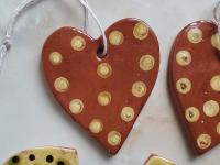 Redware Heart Ornaments (2) with White Polka Dots