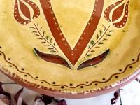 Redware 11 in. Plate with Heart, Tulips and Leaves Sgraffito Decoration