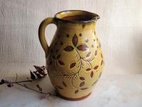 Kulina Folk Art Redware Pitcher, Ivy Leaf Sgraffito Motif