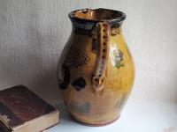 Large Redware Pitcher, Angel with Wings Sgraffito Motif