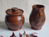 Redware Sugar and Creamer Set with Spangles and Lead Free Glaze (a)