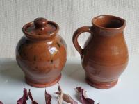 Redware Sugar and Creamer Set with Spangles and Lead Free Glaze (b)