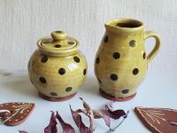 Redware Sugar and Creamer Set with Black Dots and Lead Free Glaze