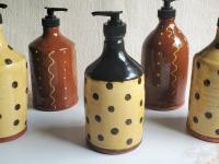 Redware Soap or Lotion Dispenser Bottle with Black Dots (a)