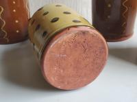 Redware Soap or Lotion Dispenser Bottle with Black Dots (a)