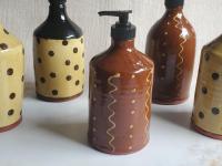 Redware Soap/Lotion Dispenser Bottle with Squiggles & Dots Decoration (a)