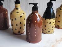 Redware Soap/Lotion Dispenser Bottle with Squiggles & Dots Decoration (b)