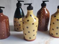 Redware Soap or Lotion Dispenser Bottle with Black Dots (b)
