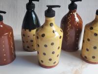 Redware Soap or Lotion Dispenser Bottle with Black Polka Dots