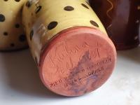 Redware Soap or Lotion Dispenser Bottle with Black Dots (b)