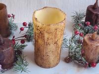 Cozy Farmhouse Winter Decor: Rustic Pillar Candle with Snowy Pine and Red Berry Candle Ring