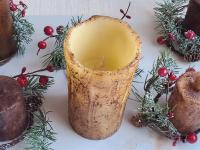 Cozy Farmhouse Winter Decor: Rustic Pillar Candle with Snowy Pine and Red Berry Candle Ring