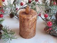 Rustic Winter Decor: Burnt Ivory BOC Pillar with Snowy Pine and Red Berries Candle Ring