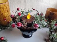 Burnt Mustard BOC Pillar, Snowy Pine & Red Berries Ring in Redware Footed Bowl, Black Glaze