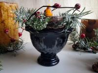 Burnt Mustard BOC Pillar, Snowy Pine & Red Berries Ring in Redware Footed Bowl, Black Glaze