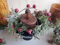 Burnt Mustard BOC Pillar, Snowy Pine & Red Berries Ring in Redware Footed Bowl, Black Glaze