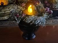 Burnt Mustard BOC Pillar, Snowy Pine & Red Berries Ring in Redware Footed Bowl, Black Glaze