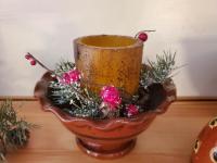 Redware Footed Bowl Black Pattern - Burnt Mustard BOC Timer Pillar - Red Berries Candle Ring