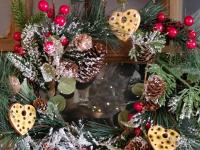 Mini Redware Heart Ornaments - Snowy Pine Wreath with Red Berries