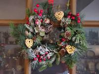 Mini Redware Heart Ornaments - Snowy Pine Wreath with Red Berries
