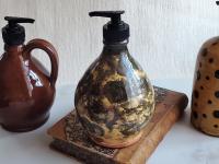 Redware Soap or Lotion Dispenser Bottle with Black Dapples