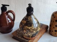 Redware Soap or Lotion Dispenser Bottle with Black Dapples