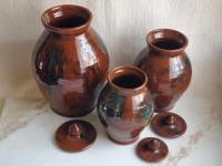 Redware 3 Jar/Canister Set with Acorn Knobs - Handcrafted by Rick of Pied Potter Hamelin