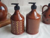 2 Redware Soap or Lotion Dispenser Bottles