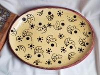 Handcrafted Drape-Molded Oval Platter, Kulina Folk Art Motif, Ceramic Serving Tray