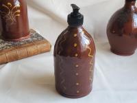 Redware Soap/Lotion Dispenser Bottle with Squiggles and Dots Pattern