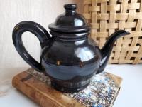 Redware Teapot with Ribbed Handle, Handmade Lead-Free Black Glaze, 16 oz Capacity