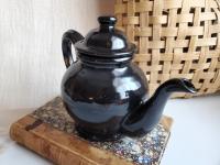 Redware Teapot with Ribbed Handle, Handmade Lead-Free Black Glaze, 16 oz Capacity