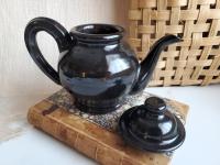 Redware Teapot with Ribbed Handle, Handmade Lead-Free Black Glaze, 16 oz Capacity