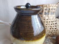 Handcrafted Redware Jar with Acorn Lid, Two Tone Glaze, Decorative and Functional Pottery, 12 Inches Tall