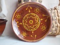Redware 9 in. Plate with Floral Slip Decoration