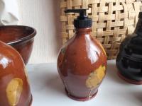 Unique Redware Soap or Lotion Pump Dispenser Bottle, Handmade, Featuring Spangles and Splotches (a)