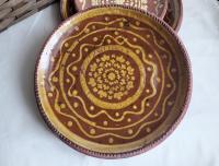Redware 9 in. Plate with Slip Decoration, Distressed Appearance