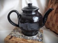 Thomas Crafts Replica Teapot, Ribbed Handle, Lead-Free Black Glaze, 7" High