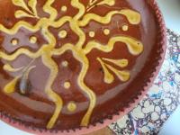 Redware 7 in. Plate with Golden Slip Motif, Food Safe, Antiqued