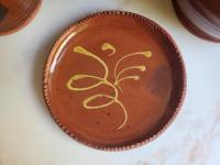 Redware 7 in. Plate with Feather Golden Slip Motif, Food Safe, Antiqued