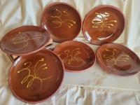 6 Redware 9 in. Plates with "Feather" Golden Slip Motif, Food Safe, Antiqued