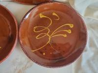 6 Redware 9 in. Plates with "Feather" Golden Slip Motif, Food Safe, Antiqued