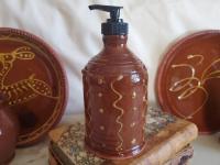Redware Soap or Lotion Dispenser Bottle with Squiggles and Dots