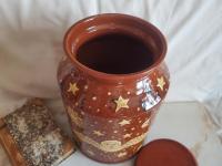 Unique Large Redware Jar, Angel with Moon and Sun Sgrafitto Motif