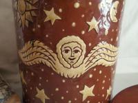 Unique Large Redware Jar, Angel with Moon and Sun Sgrafitto Motif