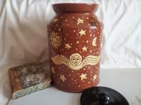 Unique Large Redware Jar, Angel with Moon and Sun Sgrafitto Motif